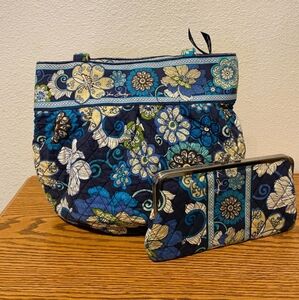 Vera Bradley Mod Floral Blue Hannah Quilted Handbag & Wallet